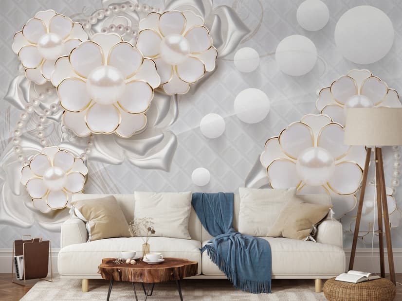 3D Look White Pearl Flower Wallpaper Mural
