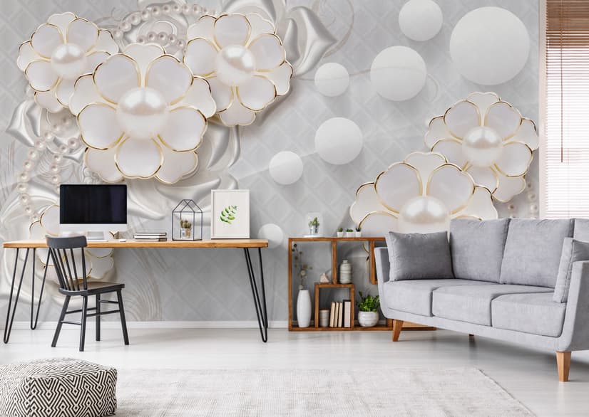 3D Look White Pearl Flower Wallpaper Mural