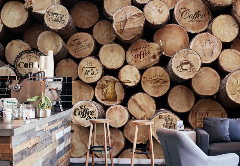 Papier peint panoramique café avec mur en bois