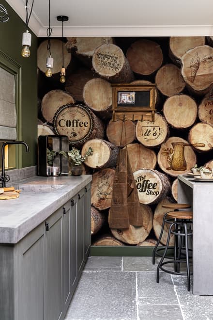 Papier peint panoramique café avec mur en bois