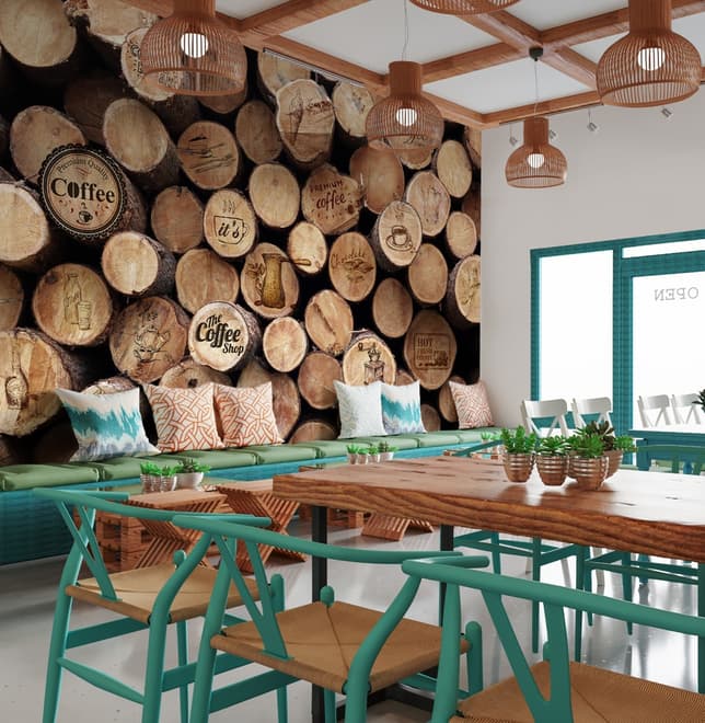 Papier peint panoramique café avec mur en bois