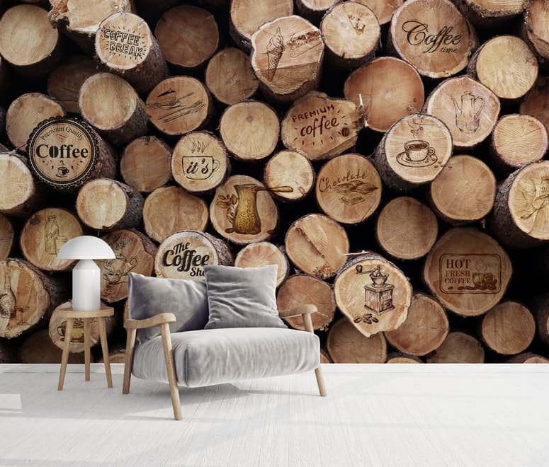 Papier peint panoramique café avec mur en bois