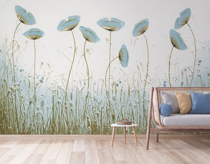 Peinture à l'huile bleu coquelicot fleurs Papier peint panoramique