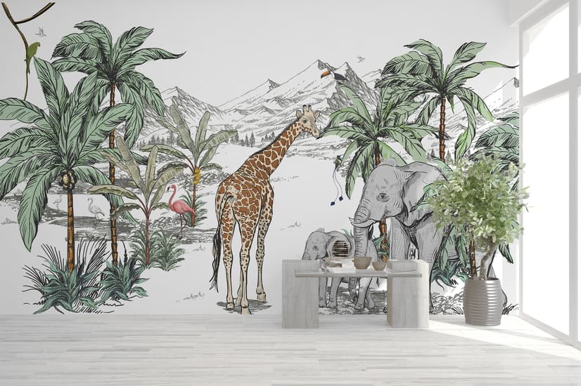 Fototapete "Tropische Tiere mit Bergmotiv für Kinderzimmer"