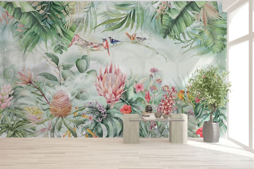 Colorful Tropical Exotic Cactus Floral with Little Birds Wallpaper Mural