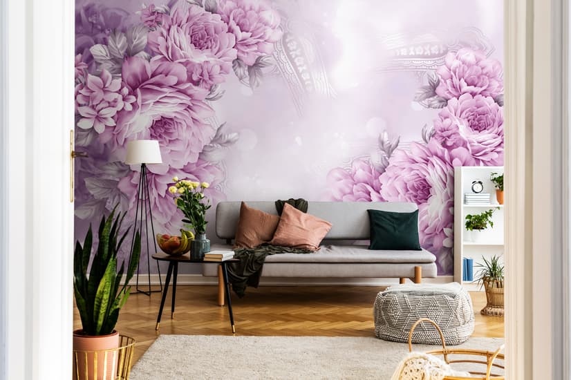 Drawn Pink Peony Floral Wallpaper Mural
