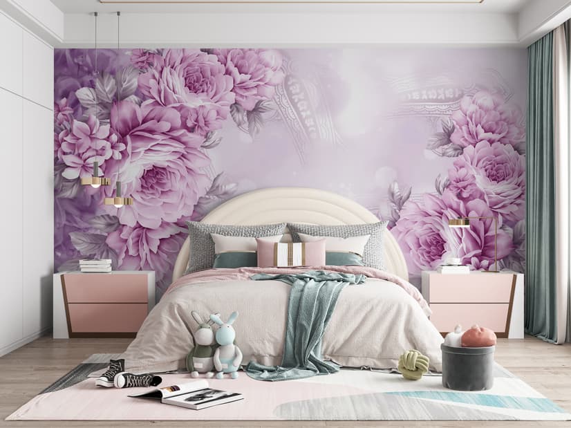 Drawn Pink Peony Floral Wallpaper Mural