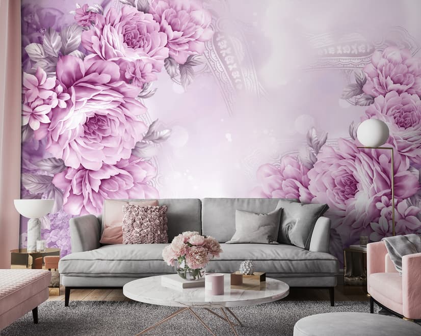 Drawn Pink Peony Floral Wallpaper Mural