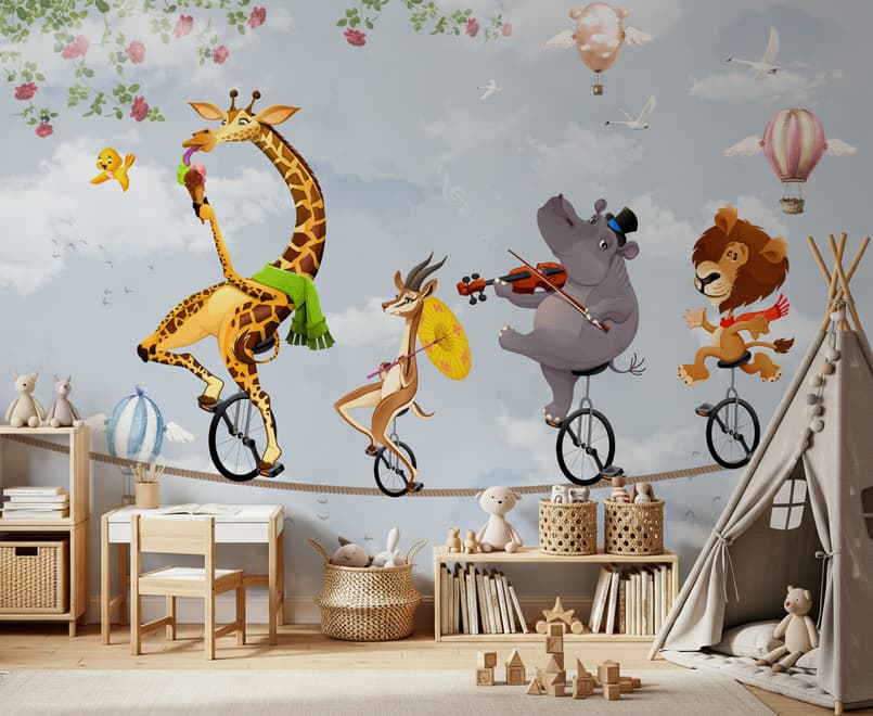 Cartoon Slackline with Animals Wallpaper Mural