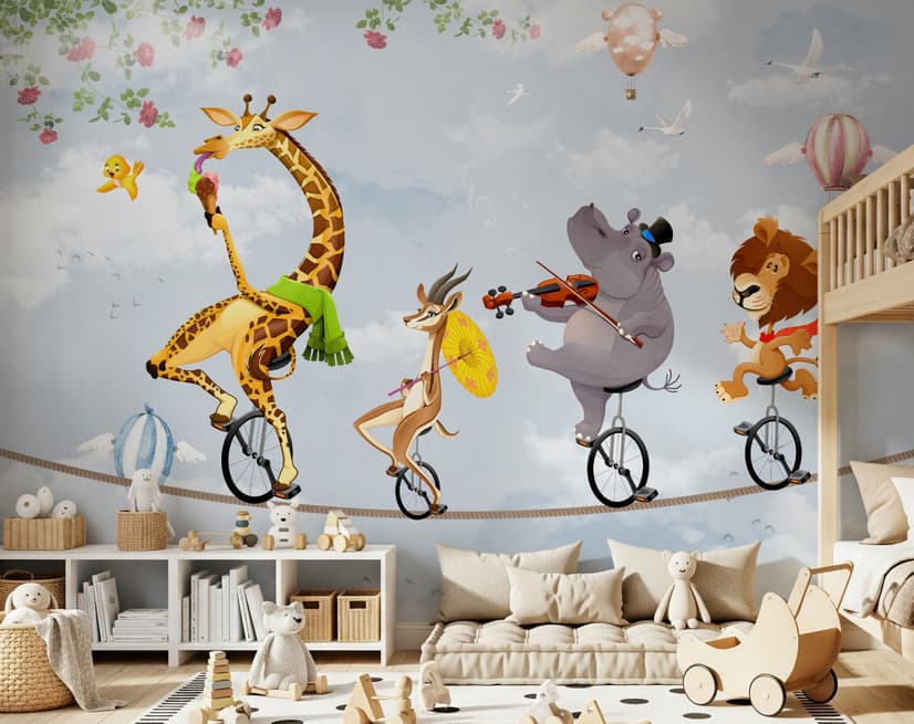 Cartoon Slackline with Animals Wallpaper Mural