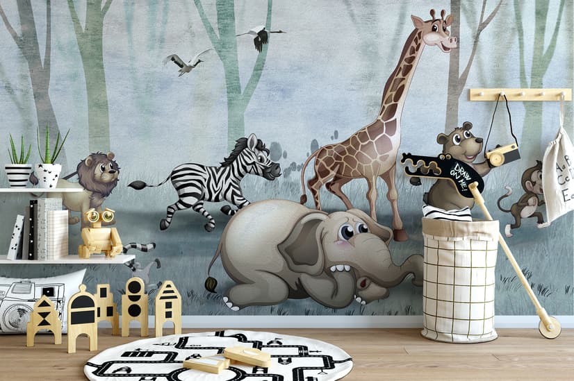Cartoon Wild Animals and Forest Wallpaper Mural