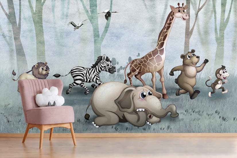 Cartoon Wild Animals and Forest Wallpaper Mural