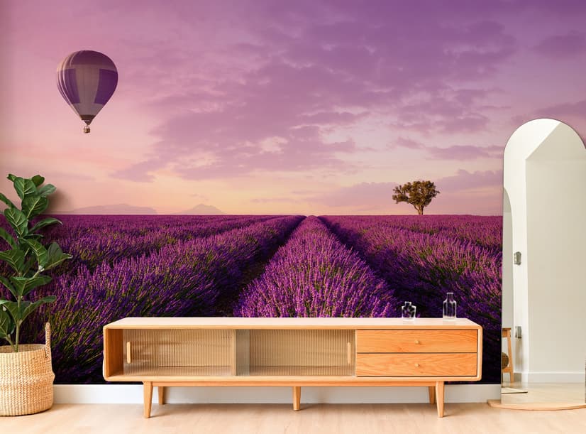 Serene Sunset Lavender and Balloon Landscape Wallpaper Mural
