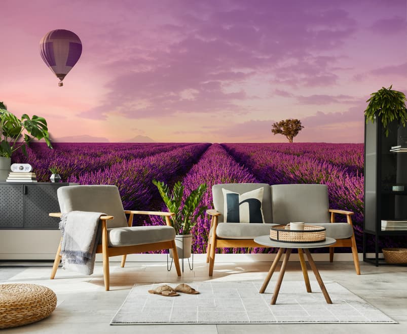 Serene Sunset Lavender and Balloon Landscape Wallpaper Mural