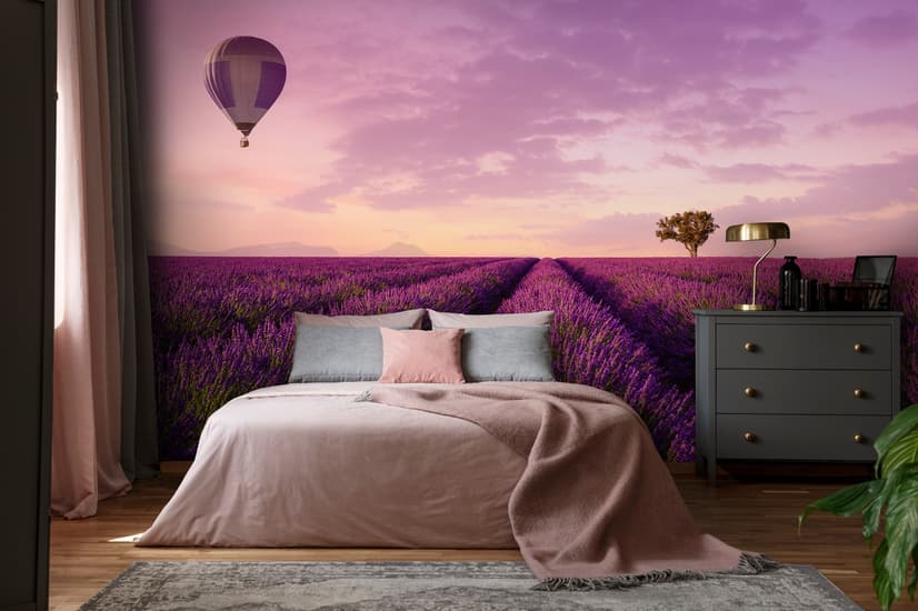 Serene Sunset Lavender and Balloon Landscape Wallpaper Mural