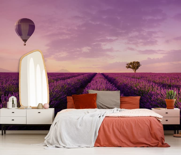 Serene Sunset Lavender and Balloon Landscape Wallpaper Mural