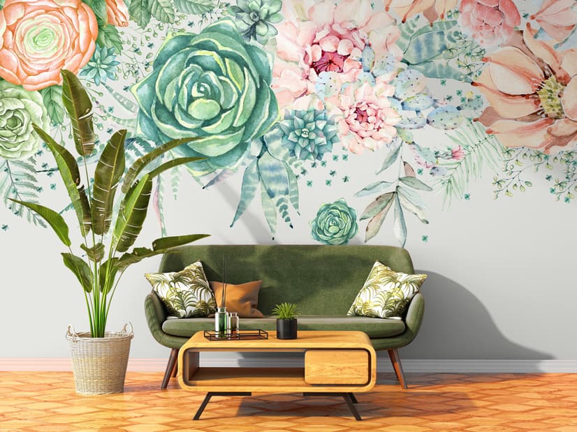 Nostalgic Soft Green Vine Floral Art Wallpaper Mural