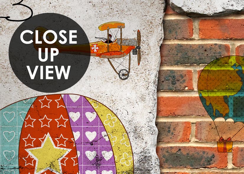 Hot Air Balloon with Young People on Brick Wallpaper Mural