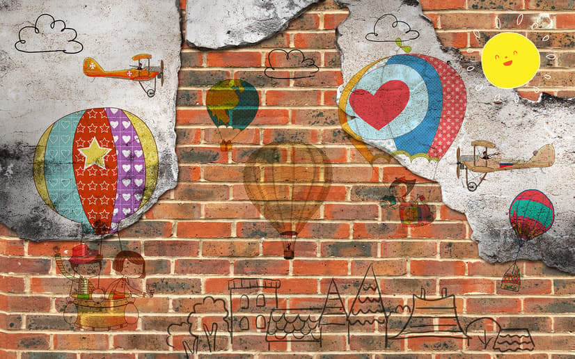 Hot Air Balloon with Young People on Brick Wallpaper Mural