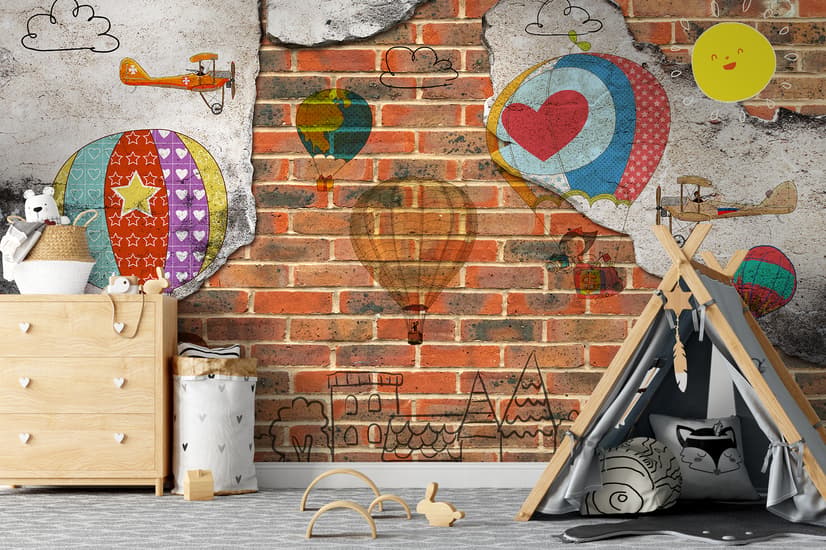 Hot Air Balloon with Young People on Brick Wallpaper Mural