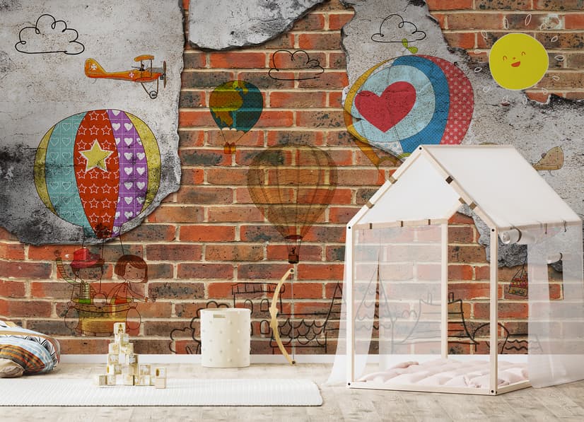 Hot Air Balloon with Young People on Brick Wallpaper Mural