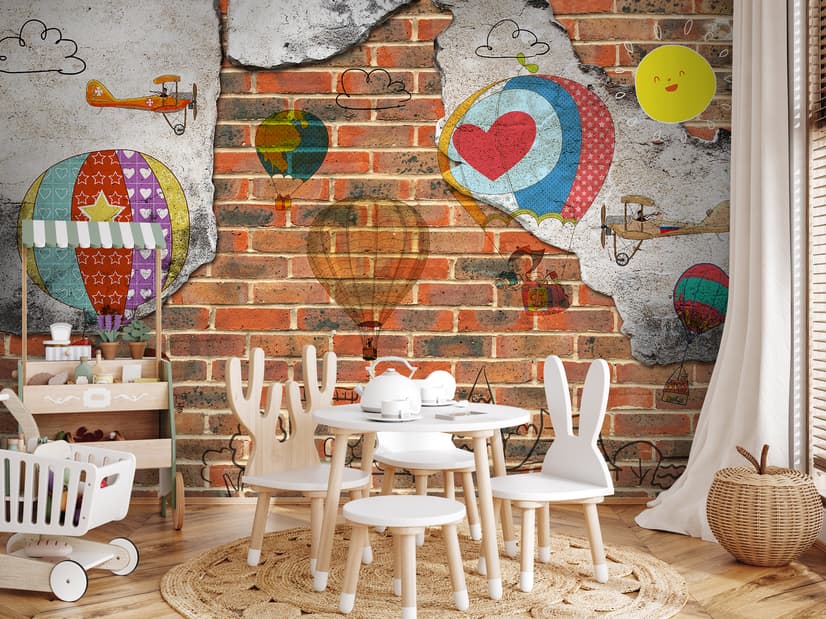 Hot Air Balloon with Young People on Brick Wallpaper Mural