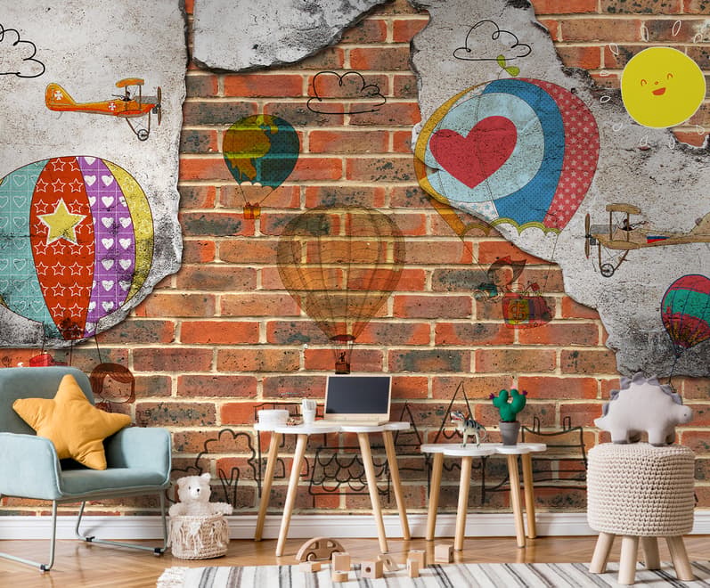 Hot Air Balloon with Young People on Brick Wallpaper Mural