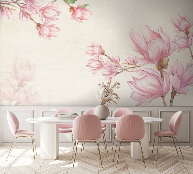 Papier peint panoramique aquarelle rose de fleurs de magnolia