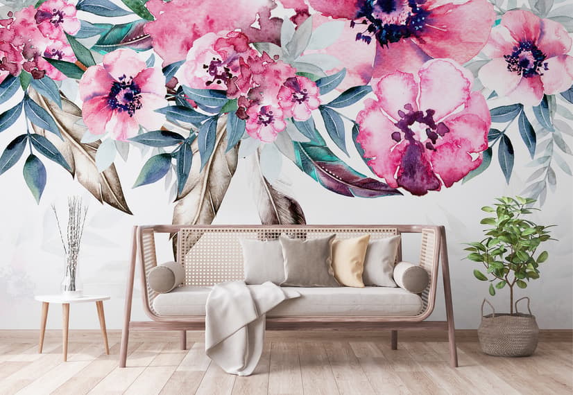 Fototapete mit Aquarell-Pfingstrosen in Rosa