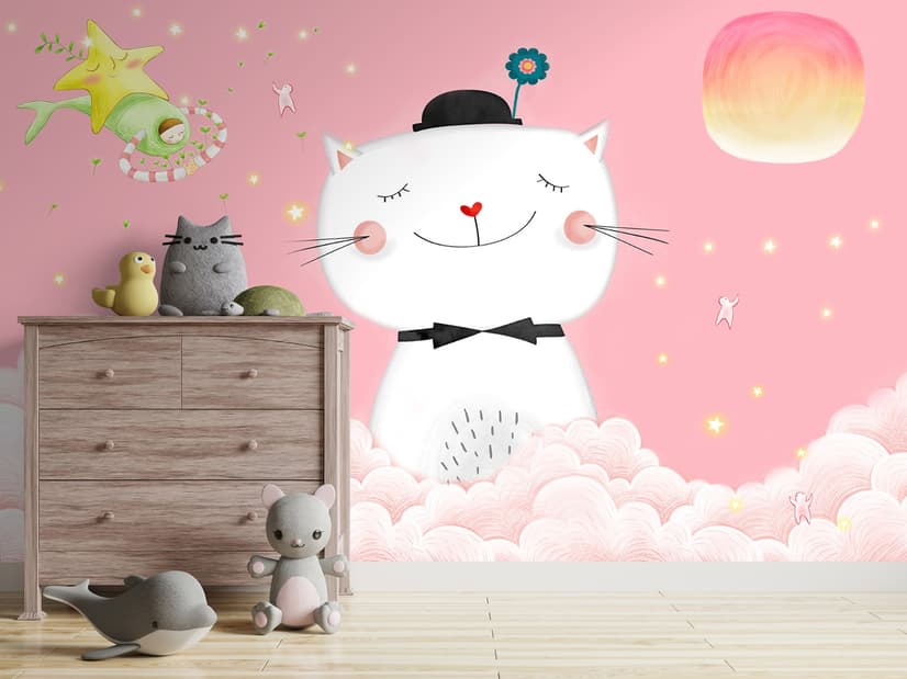 Papier peint panoramique chat heureux sur les nuages roses