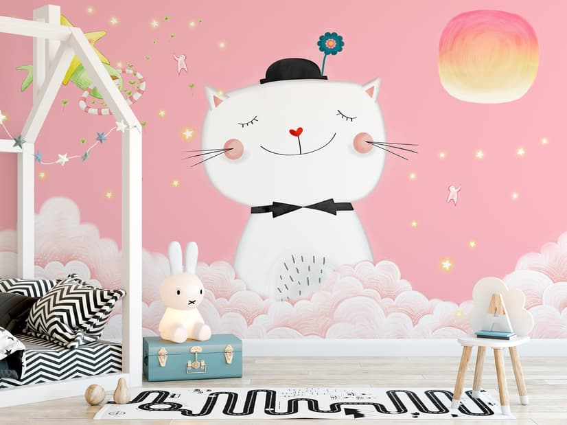 Cartoon Happy Cat on the Pink Clouds Wallpaper Mural