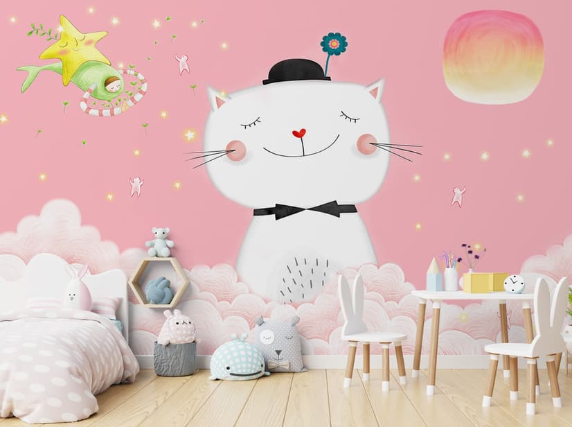 Cartoon Happy Cat on the Pink Clouds Wallpaper Mural