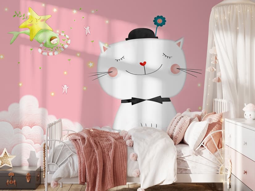 Cartoon Happy Cat on the Pink Clouds Wallpaper Mural