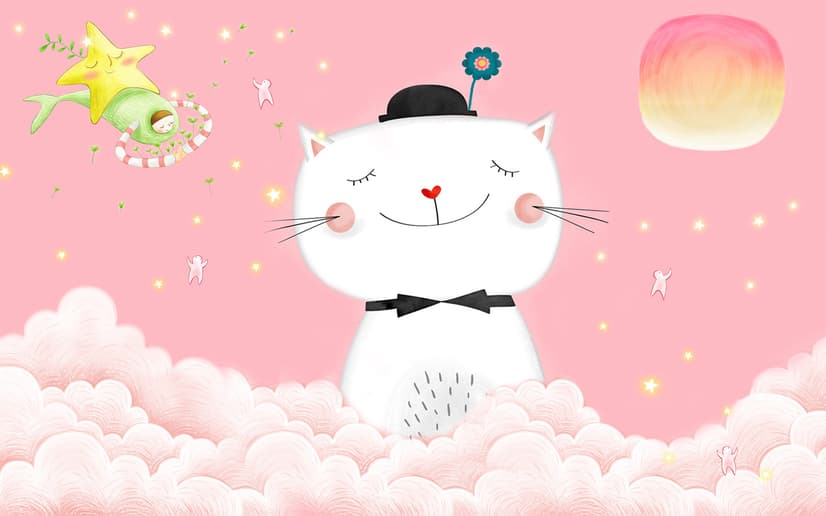Cartoon Happy Cat on the Pink Clouds Wallpaper Mural