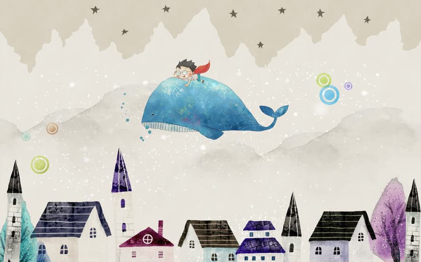 Cartoon Village and Little Child on the Flying Whale Wallpaper Mural