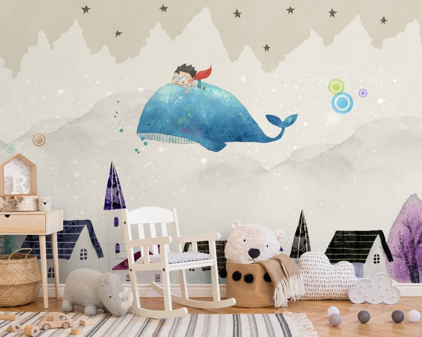Papier peint panoramique village et petit enfant sur la baleine volante