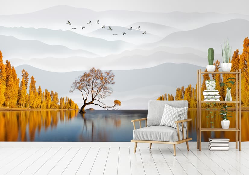 River Landscape and Yellow Autumn Trees Wallpaper Mural
