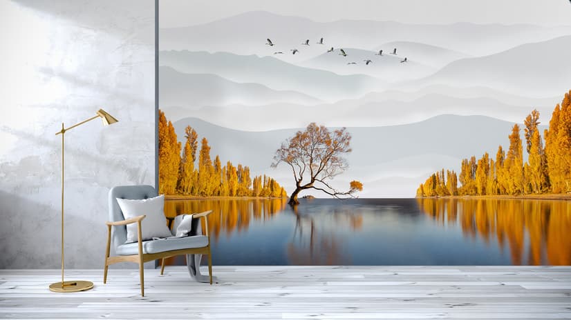 River Landscape and Yellow Autumn Trees Wallpaper Mural