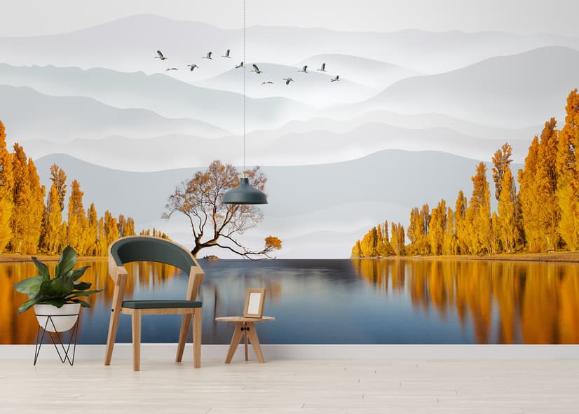 River Landscape and Yellow Autumn Trees Wallpaper Mural