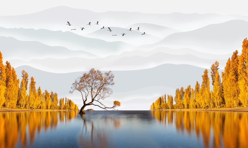 River Landscape and Yellow Autumn Trees Wallpaper Mural