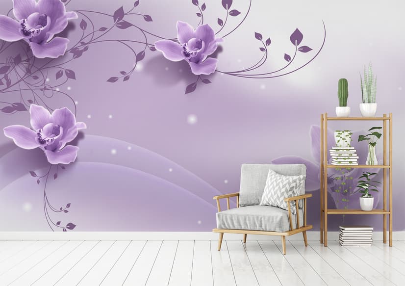 3D Look Purple Flowers Wallpaper Mural