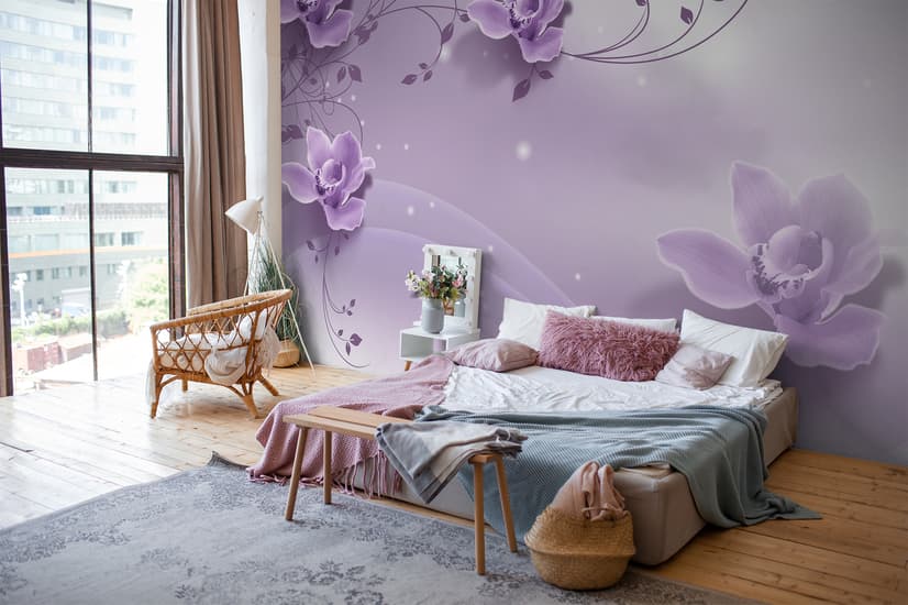 3D Look Purple Flowers Wallpaper Mural