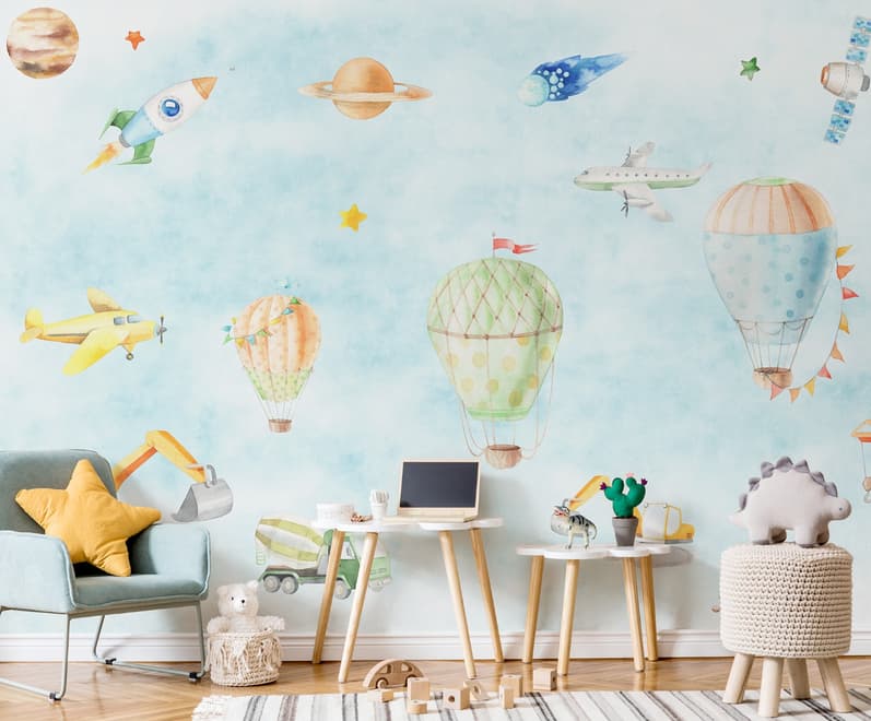 Papier peint panoramique sur les montgolfières pour enfants