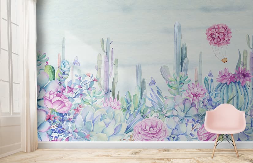 Vintage Hortensienblumen und Kakteen Fototapete