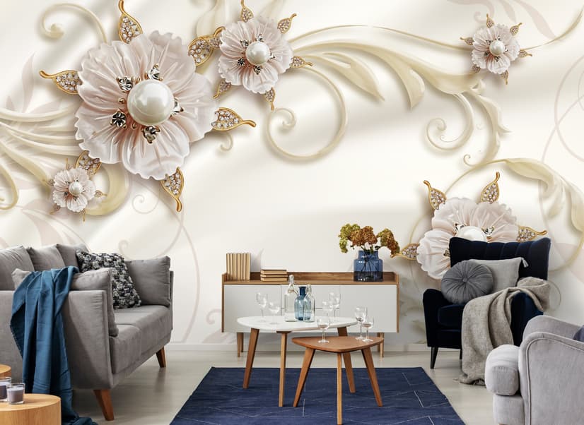 3D Look Pearl Daisy Floral Wallpaper Mural