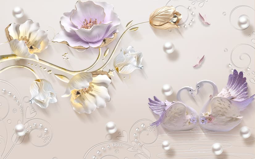 3D Embossed Look Tulip Floral with Swan Wallpaper Mural