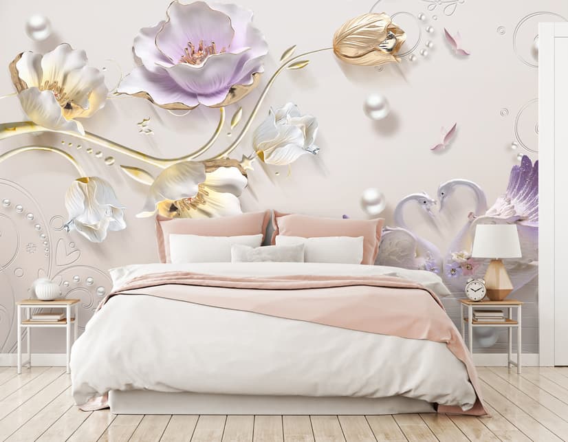 3D Embossed Look Tulip Floral with Swan Wallpaper Mural