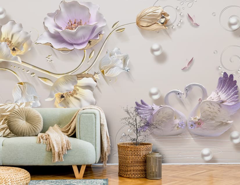 3D Embossed Look Tulip Floral with Swan Wallpaper Mural