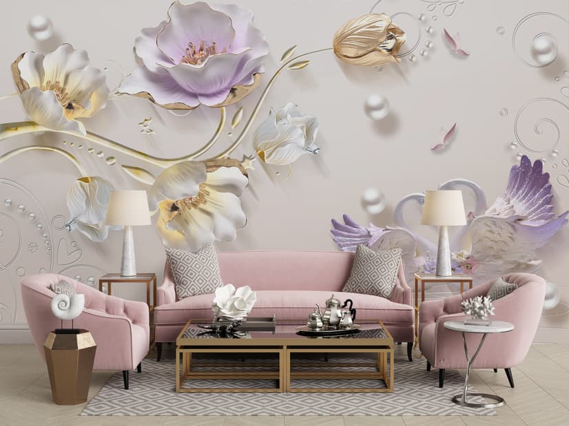3D Embossed Look Tulip Floral with Swan Wallpaper Mural
