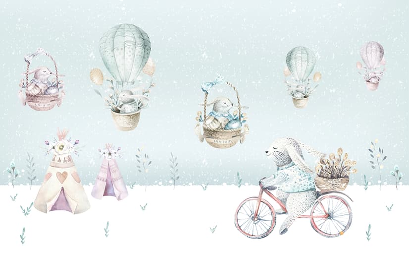 Cartoon-Winterlandschaft und Eichhörnchen mit Heißluftballons Fototapete